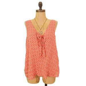 Maeve Verena Anthropologie Tank Top S Tie Front Smocked Geo Print Orange EUC B29